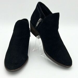LUCKY BRAND FHUNA WOMEN’S BLACK SUEDE SIDE ZIP STACKED HEEL ANKLE BOOTIE SZ 6